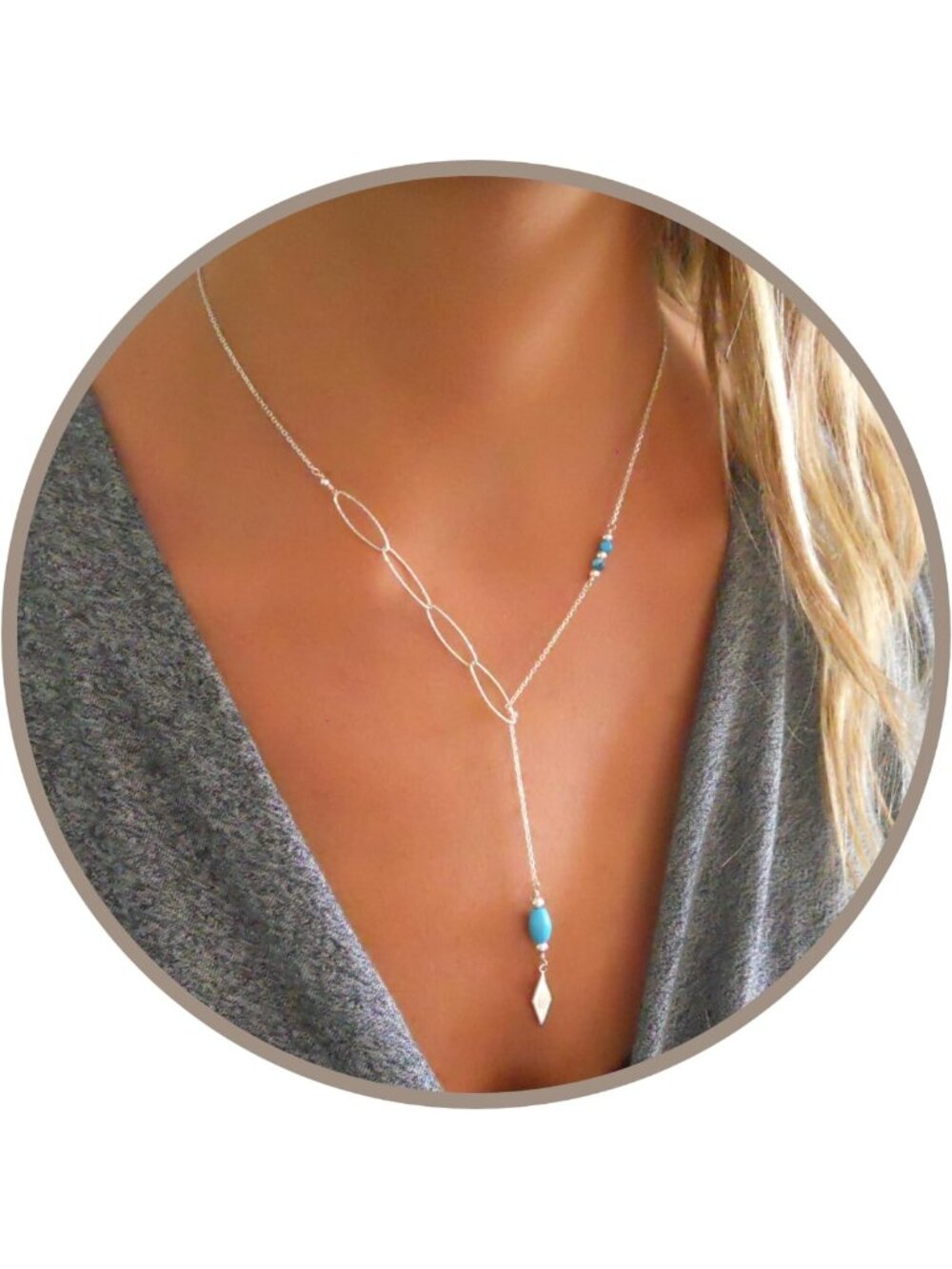Silver Turquoise Beaded Y Necklace for Women, Adjustable Lariat Drop, Handmade